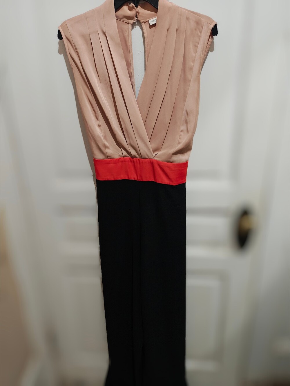 New York and Co Colorblock Pleated V-Neck Jumpsuit — Blush, Red & Black